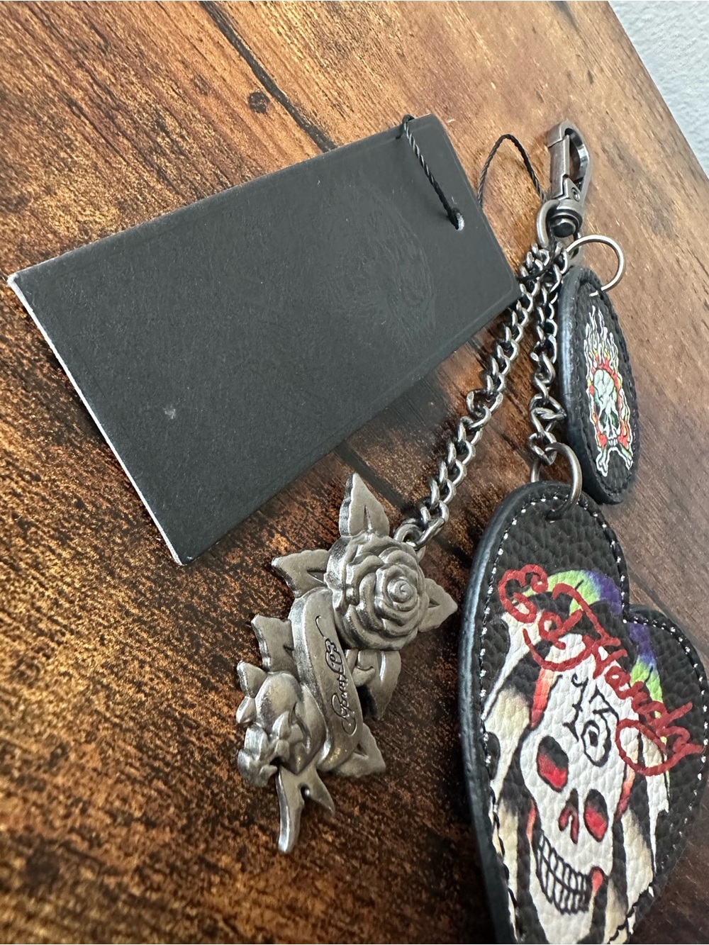 Ed Hardy Black Skull Keychain Bag Charm w/ Faux Leather Heart Metal Flower NWT - Picture 2 of 4